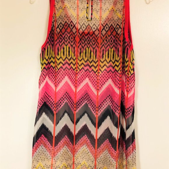 Vintage Carven Silk Chiffon Pink Print Knit Trim Long Sleeveless Top Oversized - Picture 4 of 12